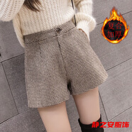 瑪菲萱加厚毛呢千鳥(niǎo)格短褲女秋冬新款高腰a字闊腿短褲冬季外穿褲靴 咖格+有里布/復(fù)合加厚 S 160