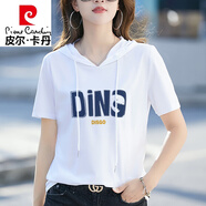 皮爾卡丹（pierre cardin）白色連帽t恤女半袖寬松休閑韓版寬松上衣女潮棉夏裝短袖體恤衫 DIN字母-白色 XL