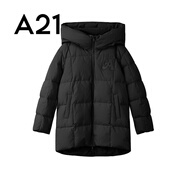 A21秋冬時尚連帽羽絨服女加厚加絨保暖輕薄中長款面包服寬松氣質外套 黑色 S