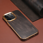 適用蘋果15手機殼14電鍍真皮后蓋iPhone13/12ProMax牛皮保護殼套 黑色 送鋼化膜 iPhone15