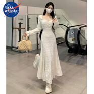 NASAWASSUP法式方領蕾絲連衣裙女秋冬季時尚設計感收腰顯瘦高打底魚尾長裙子 杏色 3XL 建議(160-180斤)