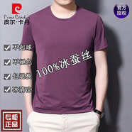 皮爾卡丹【5萬(wàn)+已加購(gòu)】男士短袖t恤桑蠶絲V領(lǐng)半袖夏季純色冰真絲體恤汗衫 圓款領(lǐng)皮粉 XL 175建議140-160斤