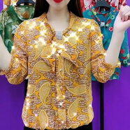 索宛亦（SUOWANYI）七分袖飄帶雪紡衫女2023夏季新款時(shí)尚寬松遮肚子小花衫 黃色 4XL 建議150-165斤