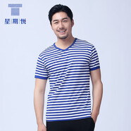 星期悅 絲光棉?；晟繴領(lǐng)夏季短袖T恤藍白條紋體恤?；晟兰哟蟠a 藍色-男裝 男195/5XL