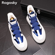 Rogosky 香港潮牌網(wǎng)紅同款靴子男2021厚底內(nèi)增高休閑板鞋夏時尚漆拼色高幫鞋春秋男士魔術(shù)貼短靴 白藍(lán)色 42（皮鞋碼）