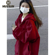 沐依琳歐美重磅美式復古純色拉鏈開(kāi)衫衛衣女寬松潮牌校園風(fēng)百搭外套 日系百搭風(fēng)-酒紅色 加絨 L 【105-120斤】保證