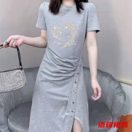 風曉薇夏季輕連衣裙重工新款裙子妹時尚中長款t恤女女裙子 036灰色燙鉆心/顯瘦遮肚子連衣裙 3XL 145-160斤/顯瘦遮肚子連衣裙