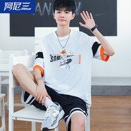 阿尼三青少年t恤短袖男生夏季2025新款潮流帥氣上衣半袖初高中學(xué)生夏裝 白色+短褲（冰絲面料） 3XL