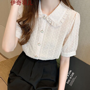 伊奇羽兒 印花2022年新款襯衫女裝短袖襯衣拼接上衣設計感外套春秋雪紡衫娃娃領(lǐng)夏季格子高檔時(shí)尚泡泡 杏色 L