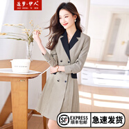 造夢伊人女神范千鳥格西裝連衣裙女春秋新品氣質(zhì)收腰百褶職業(yè)通勤高檔裙 咖啡色 XL