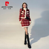 皮爾卡丹（pierre cardin）冬天衣服女套裝節日氛圍格子外套搭配半裙冬季紅格毛毛小香風(fēng)套裝 短款套裝 【上衣+半裙】 S