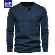 羅蒙（ROMON）品牌新款重磅T恤亨利衫男裝開(kāi)領(lǐng)長(zhǎng)袖阿美咔嘰美式棉質(zhì)修身上衣服 寶藍(lán)色 L 145-160斤