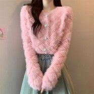 菲尼東爵紡貂毛毛衣外套純色顯瘦短款上衣女外穿秋冬洋氣開衫 粉紅色 S 80--100