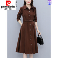 皮爾卡丹（pierre cardin）燈芯絨連衣裙女秋冬2023年新款中年小個子翻領(lǐng)收腰氣質(zhì)長裙子女裝 咖啡色 L