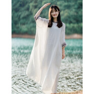 知筆墨知筆墨夏季新款個(gè)性慵懶高端亞麻長(cháng)款連衣裙 半袖文藝佛系長(cháng)袍 女 乳白色 均碼