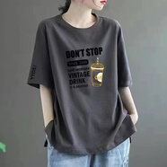 清倉撿漏尾單大牌剪標專柜撤回寬松顯瘦短袖中長款休閑t恤女 98深灰色【黑字母咖啡】黑袖 2XL 建議140-160斤