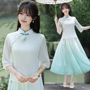 妖妮漢服女成人年輕日常旗袍演出2025新中式國(guó)風(fēng)棉麻刺繡雪紡裙兩件套 6328白綠色套裝 L (建議體重95-105斤）