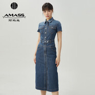 阿瑪施（AMASS）女裝新款通勤簡(jiǎn)約收腰純棉牛仔短袖連衣裙5500257 復古丹寧藍 S (2碼)