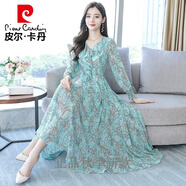 皮爾卡丹品牌高檔女裝 春秋季新款連衣裙洋氣2022女裝收腰顯瘦今年流行雪紡碎花裙子針織 綠色【連衣裙女春秋/法式連衣裙/白色連衣裙/連衣裙 L【建議100-118斤】