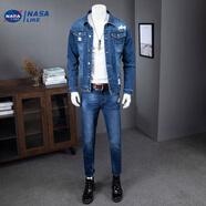 愷吉銳牛仔外套男加絨加厚套裝韓版修身彈力牛仔衣大碼男士夾克牛仔褂子 315外套+褲子 M 碼106厘米-168厘米-110斤