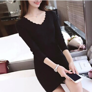 朦朧杏 毛衣打底衫女中長(cháng)款低領(lǐng)修身顯瘦秋冬季針織性的感百搭包臀 黑色v L (建議110-130斤