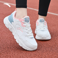 安踏運動(dòng)鞋女鞋秋冬皮面防潑水減震軟底輕質(zhì)休閑跑步鞋旅游訓練鞋子女 【皮面防潑水】白/蟹殼青/粉-4 35.5