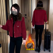 憶靈加絨加厚牛仔短外套女2025冬季新款洋氣顯瘦小個(gè)子毛領(lǐng)派克棉服潮 酒紅色 L【100-110斤】