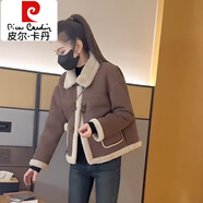 皮爾卡丹（pierre cardin）新韓版皮毛一體短外套女寬松麂皮絨羊羔毛秋冬保暖長袖外套上衣 咖色 L 【116-130】斤