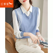 紅蜻蜓 針織衫女假兩件打底女裝毛衣女2025年春季新款韓版polo領(lǐng)上衣衫 藍色常規(guī) 均碼 （適合80-130斤）