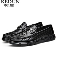 柯盾（KEDUN）秋冬季豆豆鞋鞋加絨保暖真皮厚底軟底商務(wù)休閑皮鞋韓版百搭駕車鞋 黑色鏤空款 42