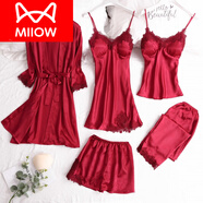 貓人（MiiOW）帶胸墊睡衣女士五件套春秋夏性感冰絲綢吊帶睡裙睡袍五件套家居服 H929五件套酒紅 L 100 115斤以?xún)?
                                         title=