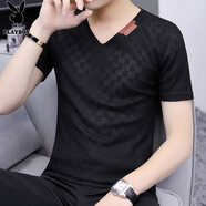 花花公子（PLAYBOY）冰絲短袖t恤男士夏季裝薄款v領(lǐng)寬松上衣新款潮流網(wǎng)紗鏤空半袖男裝 K18黑色 2XL 推薦【140-160斤】