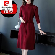 皮爾卡丹百搭中長(cháng)款毛衣裙女秋冬季加絨加厚高領(lǐng)寬松過(guò)膝針織打底連衣裙氣 酒紅色 XL