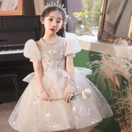 漢佺高端兒童晚禮服小眾輕奢花童生日派對公主裙主持人鋼琴比賽演出服 淺香檳【泡泡袖+皇冠】 120 適合體重40-45斤