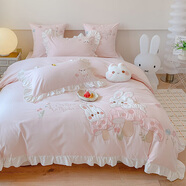 棉花使者（cottonenvoy）床單四件套純棉被套卡通四件套全面水洗棉四件套純棉兒童女孩床品 水洗純棉-【魔力兔】 50支 贈送一個(gè)抱枕 1.2-1.35 床單款 被套150*200cm 三件套