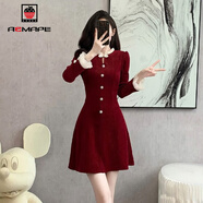 AEMAPE燈芯絨收腰紅色連衣裙女2025春秋冬新款小個(gè)子改良旗袍女裙子新年 紅色 M