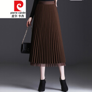 皮爾卡丹毛呢網(wǎng)紗半身裙女秋冬2021高腰中長(zhǎng)款兩面穿亮絲a字百褶長(zhǎng)裙針織 咖色 均碼
