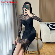 LOVER RUCCI法國春秋款連衣裙2025新款性感氣質蕾絲修身包臀打底內搭裙子 黑色 M