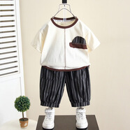 迪士尼（Disney）童裝男童夏裝套裝洋氣新款寶寶衣服帥氣三歲男孩短袖薄款兩件套夏 白色 帽子棉麻套裝 100碼 建議2-3歲 體重25-30斤