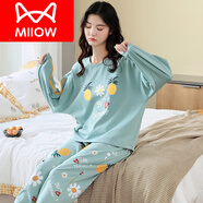 貓人（MiiOW）品牌秋天長袖長褲女生睡衣睡褲套裝分體春秋款大童女孩初中生純棉 長袖 T019 菠蘿菊 3XL 女【138-140斤】