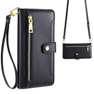 三只青蛙適用蘋(píng)果13promax手機殼防摔全包14pro翻蓋IP12保護套xs電話(huà)殼11皮套斜挎xs掛繩錢(qián)包 優(yōu)雅黑（斜跨+腕帶）拉鏈錢(qián)包插卡帶繩 iPhone6plus
