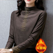 FZMF加厚雙面德絨打底衫女半高領(lǐng)保暖燙珠T(mén)恤秋冬新款長(cháng)袖大版上衣女 咖啡色 2XL 120-140斤