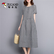 啄木鳥(niǎo)棉質(zhì)黑白小格子長(zhǎng)款過(guò)膝連衣裙女短袖2025夏新款文藝寬松顯瘦裙子 大格子 3XL 150-170