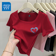 真維斯（JEANSWEST）簡(jiǎn)約風(fēng)t恤女夏季韓版緊身顯瘦方領(lǐng)短款短袖女裝休閑百搭半袖小衫 酒紅 油畫心_K L