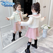 迪士尼（Disney）女童冬裝連衣裙2023新款韓版夾棉毛呢套裝兒童公主裙加絨洋氣冬 粉色2 兔毛外套+背心裙 110尺碼建議身高100左右