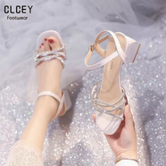 CLCEY2025年夏季韓版女粗跟涼鞋新款水鉆仙女風(fēng)配裙子涼鞋涼鞋女高跟鞋 米白色 38