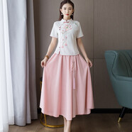 瑤益改良旗袍連衣裙2025夏新款女裝年輕日常短袖復(fù)古中國風(fēng)大碼連衣裙 白粉色套裝 M