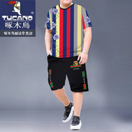 啄木鳥(niǎo)（TUCANO）夏季男裝大碼2024新款套裝歐洲站T恤男士衣服上衣短袖休閑運(yùn)動(dòng)服 玫瑰花豎條紋短套裝 L 115-130斤