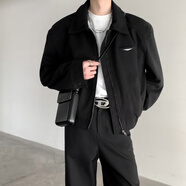 QGF美式高街墊肩外套男士女春秋季新短款痞帥潮牌裝上衣服高級感夾克 XZ512-1-WT72黑色 2XL [建議130-150斤]