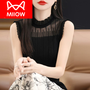 貓人（MiiOW）2025新款時(shí)尚網(wǎng)紗打底衫女夏季蕾絲針織背心薄款西裝內搭無(wú)袖上衣 黑色 XL (170) 105-115